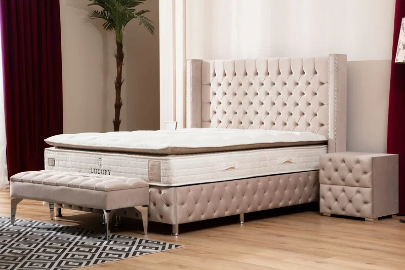 Lit Coffre Clouté Beige - Velours