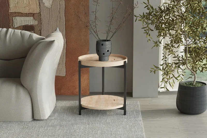 Table Basse Ronde Effet Chêne Vieilli DALYNA avec des pieds en acier noir - 45 cm