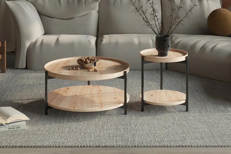 Table Basse Ronde Effet Chêne Vieilli DALYNA avec des pieds en acier noir - 45 cm