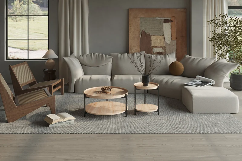 Table Basse Ronde Effet Chêne Vieilli DALYNA avec des pieds en acier noir - 45 cm