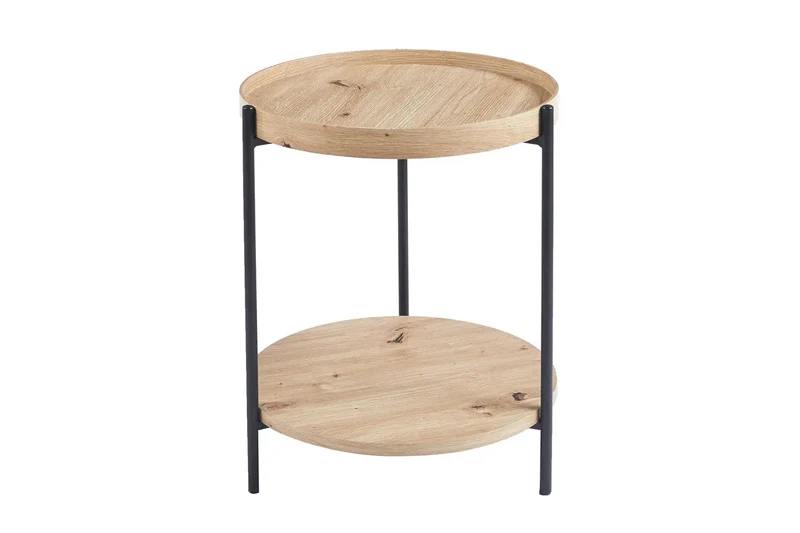 Table Basse Ronde Effet Chêne Vieilli DALYNA avec des pieds en acier noir - 45 cm