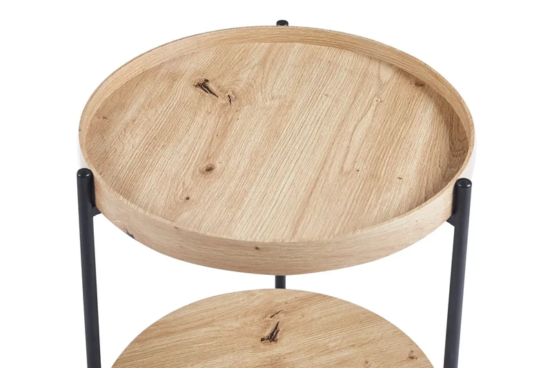 Table Basse Ronde Effet Chêne Vieilli DALYNA avec des pieds en acier noir - 45 cm