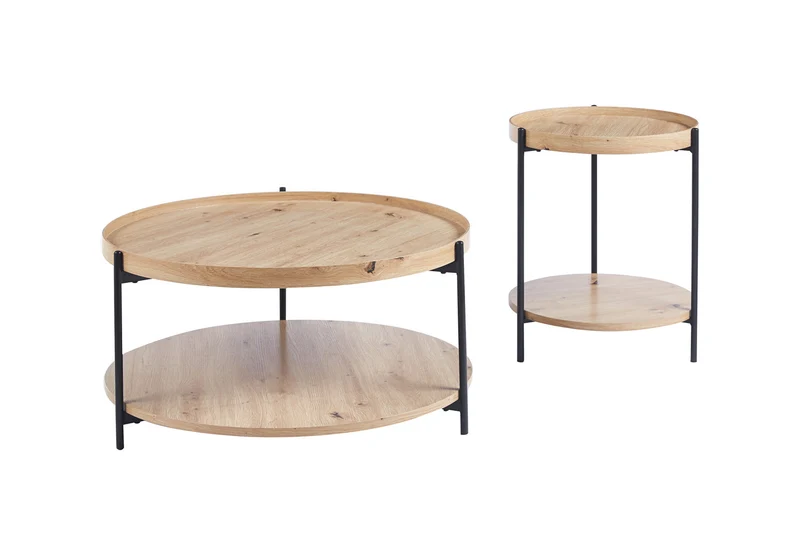 Table Basse Ronde Effet Chêne Vieilli DALYNA avec des pieds en acier noir - 45 cm