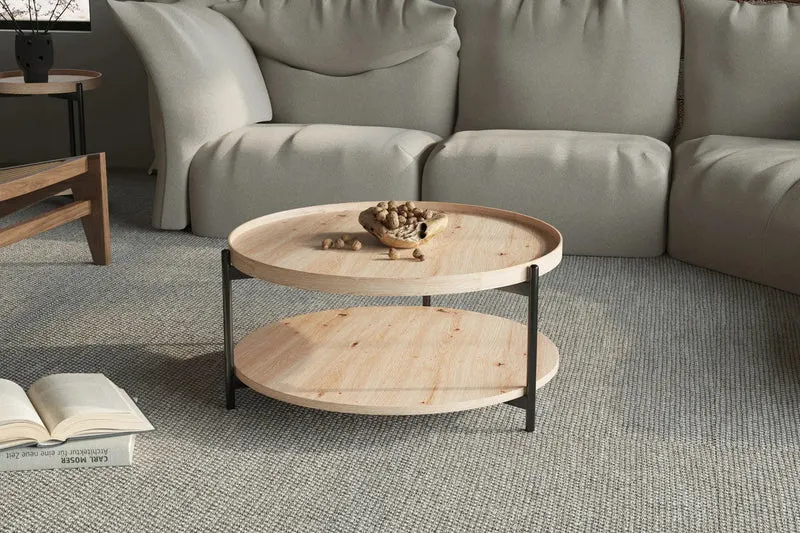 Table Basse Ronde Effet Chêne Vieilli DALYNA avec des pieds en acier noir - 80 cm