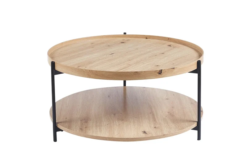 Table Basse Ronde Effet Chêne Vieilli DALYNA avec des pieds en acier noir - 80 cm