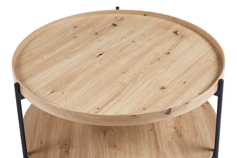 Table Basse Ronde Effet Chêne Vieilli DALYNA avec des pieds en acier noir - 80 cm