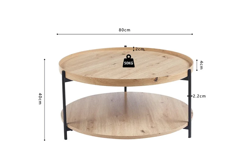 Table Basse Ronde Effet Chêne Vieilli DALYNA avec des pieds en acier noir - 80 cm