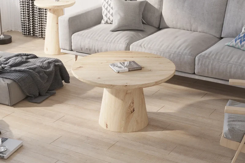 Table Basse Ronde Effet Chêne Vieilli LUKA - 80 cm