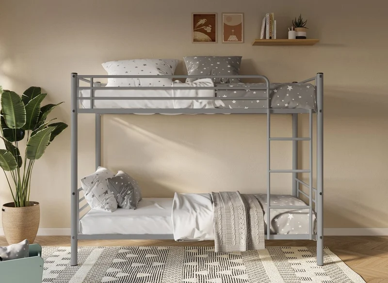 Lit superposé TWINS en métal gris 90 X 190 cm + sommiers