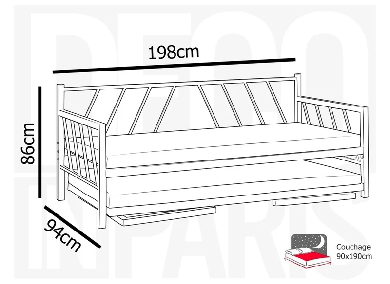 Lit banquette gigogne en métal blanc TORRY 90 x 190 cm