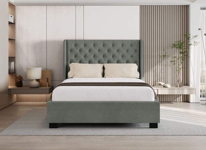 Lit coffre capitonné en tissu lin gris FLORINE 180 x 200 cm
