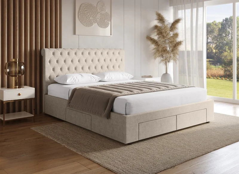 Lit double avec 4 tiroirs en lin beige 160x200 cm LEANDRE