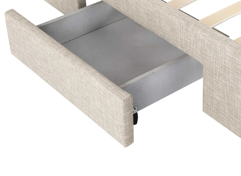 Lit double avec 4 tiroirs en lin beige 160x200 cm LEANDRE