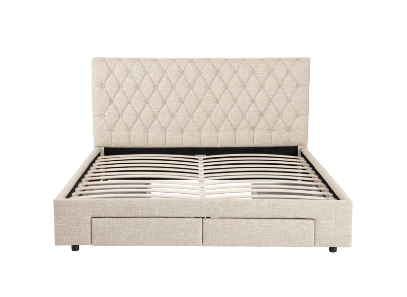 Lit double avec 4 tiroirs en lin beige 180x200 cm LEANDRE