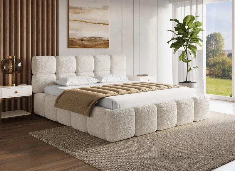 Lit coffre tissu bouclette beige 180x200 cm BUBBLE