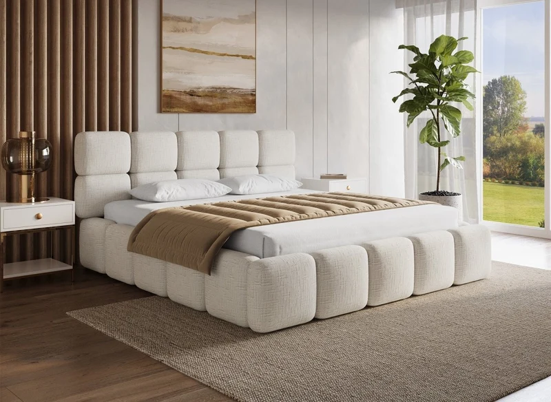 Lit coffre en velours chiné beige 180x200 cm BUBBLE