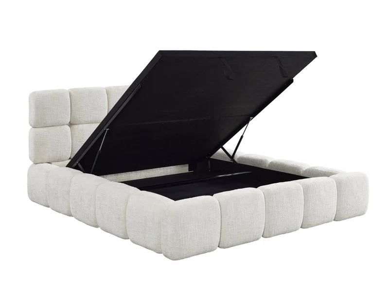 Lit coffre en velours chiné beige 180x200 cm BUBBLE