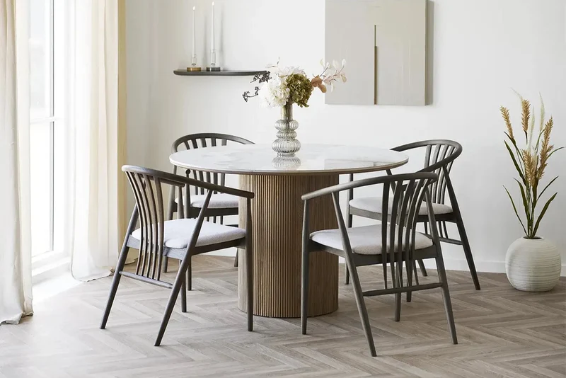 Table Ronde ATHENS en plateau en céramique, blanc, marron foncé - 120 cm
