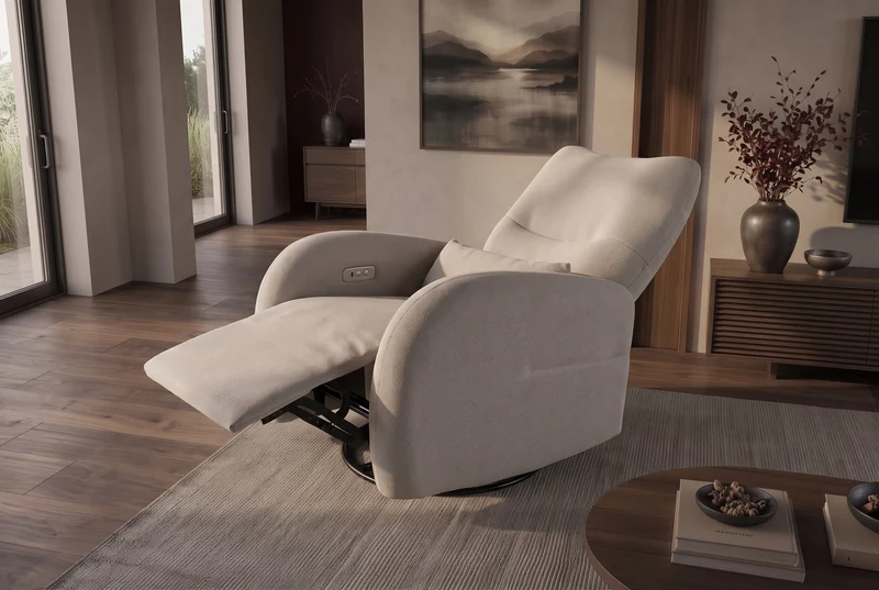 Fauteuil de cinéma électrique PRIORITY greige incluant coussin rotatif à 360° avec prise USB