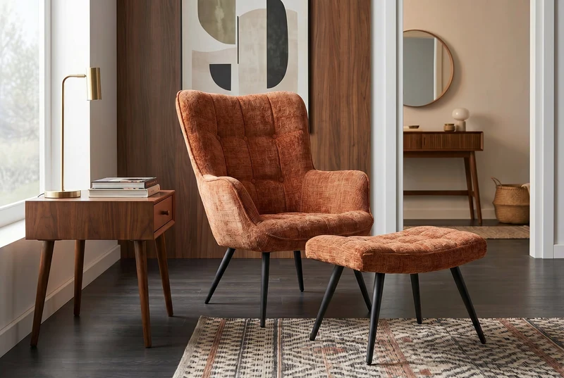 Fauteuil design SCANDINAVIA chenille marron rouille Cremona métal noir avec accoudoir