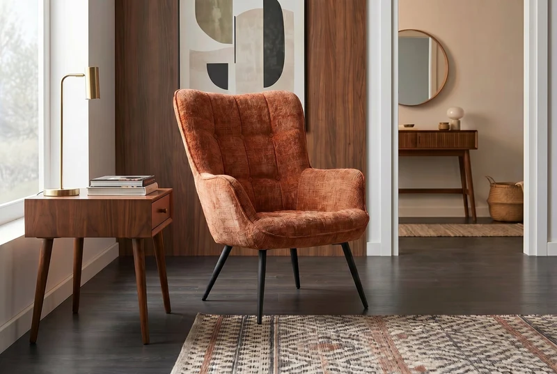 Fauteuil design SCANDINAVIA chenille marron rouille Cremona métal noir avec accoudoir