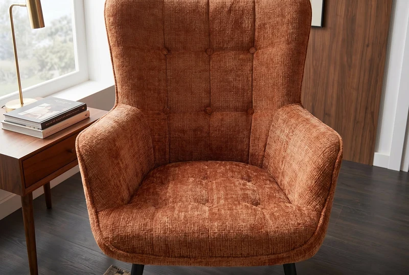 Fauteuil design SCANDINAVIA chenille marron rouille Cremona métal noir avec accoudoir