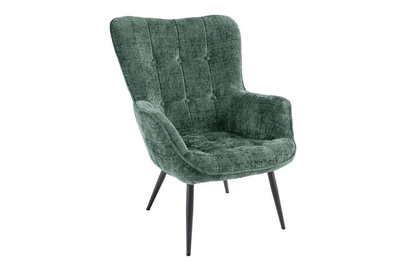 Fauteuil design SCANDINAVIA chenille verte Cremona métal noir avec accoudoir