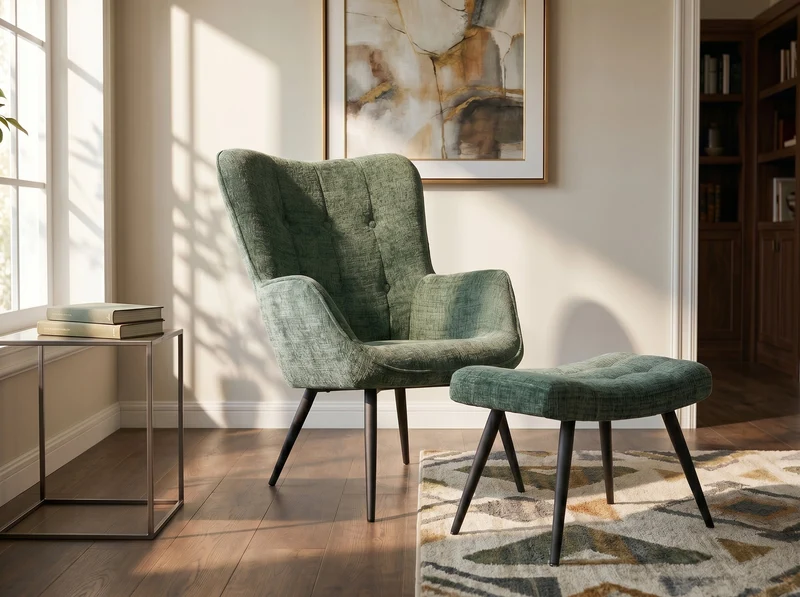 Fauteuil design SCANDINAVIA chenille verte Cremona métal noir avec accoudoir