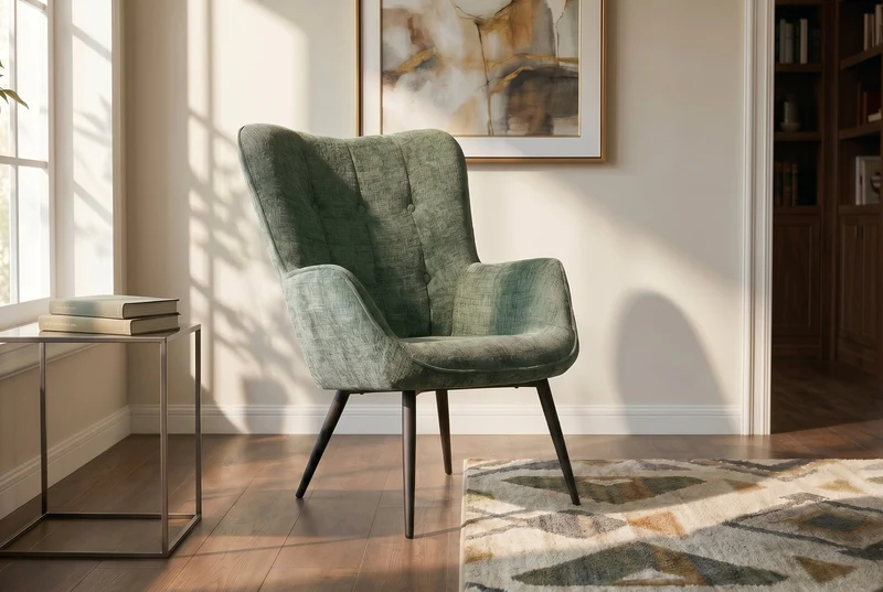 Fauteuil design SCANDINAVIA chenille verte Cremona métal noir avec accoudoir