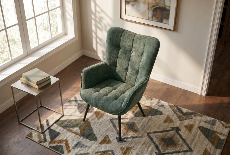 Fauteuil design SCANDINAVIA chenille verte Cremona métal noir avec accoudoir