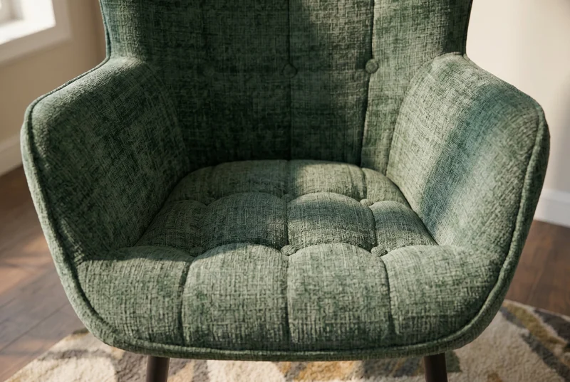 Fauteuil design SCANDINAVIA chenille verte Cremona métal noir avec accoudoir