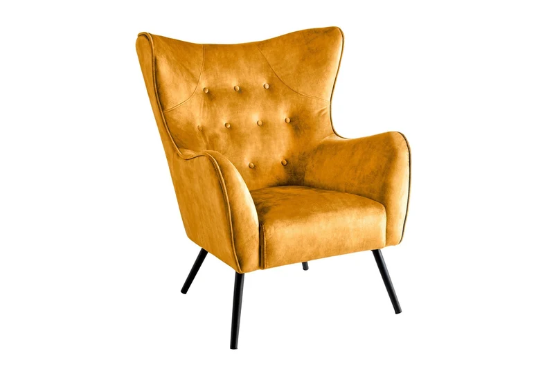 Fauteuil XL design AMSTERDAM velours jaune moutarde pieds métal noir style rétro
