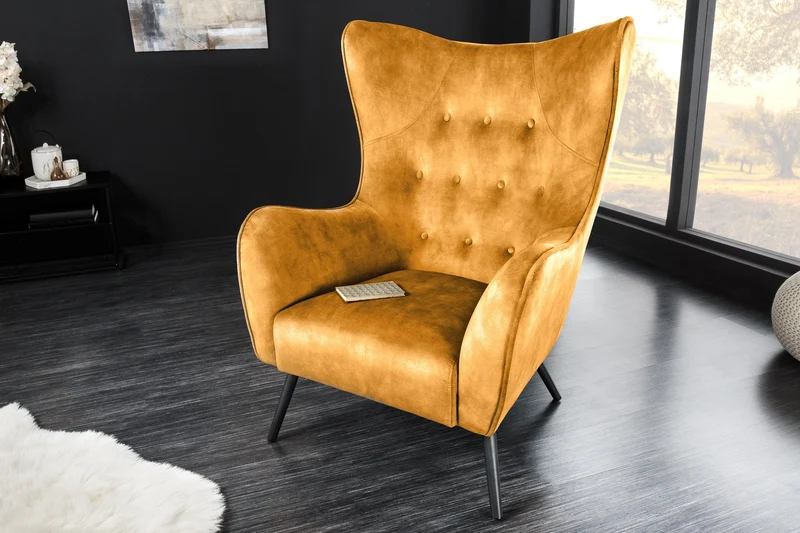 Fauteuil XL design AMSTERDAM velours jaune moutarde pieds métal noir style rétro