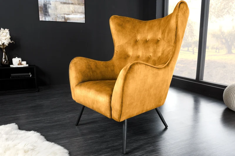 Fauteuil XL design AMSTERDAM velours jaune moutarde pieds métal noir style rétro