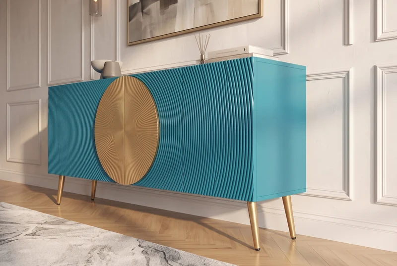 Massif sideboard AURUM 180cm turquoise bois de manguier avec élément doré emblématique
