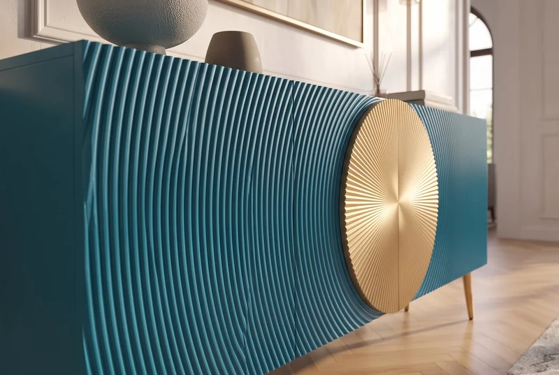 Massif sideboard AURUM 180cm turquoise bois de manguier avec élément doré emblématique
