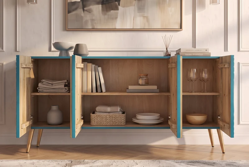 Massif sideboard AURUM 180cm turquoise bois de manguier avec élément doré emblématique