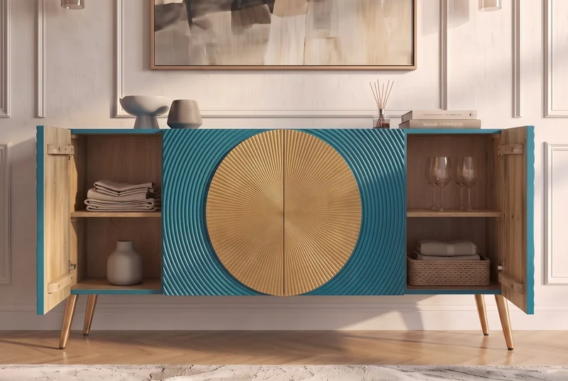 Massif sideboard AURUM 180cm turquoise bois de manguier avec élément doré emblématique