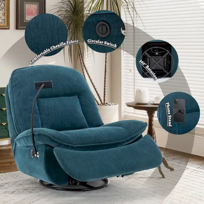 Fauteuil inclinable en chenille pivotant à 360° avec support de téléphone réglable