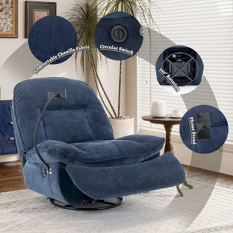 Fauteuil inclinable en chenille pivotant à 360° avec support de téléphone réglable