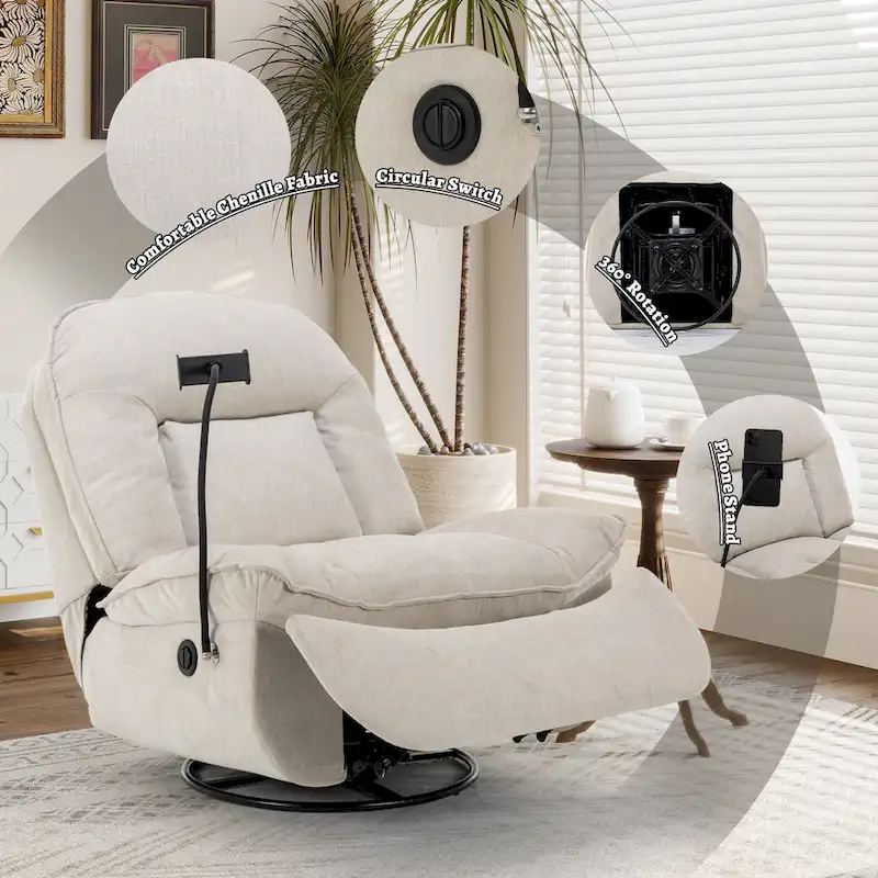 Fauteuil inclinable en chenille pivotant à 360° avec support de téléphone réglable