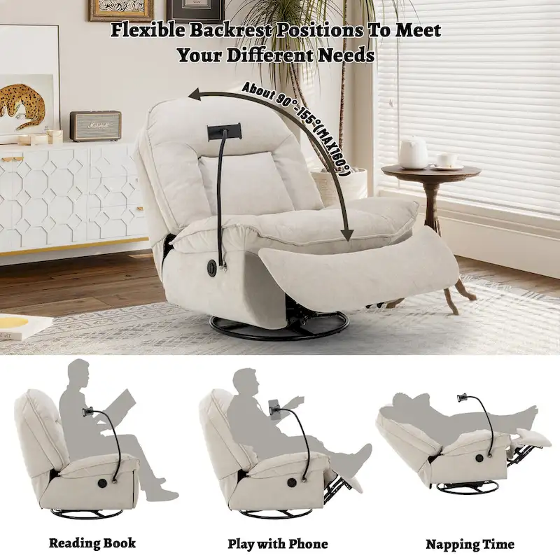 Fauteuil inclinable en chenille pivotant à 360° avec support de téléphone réglable