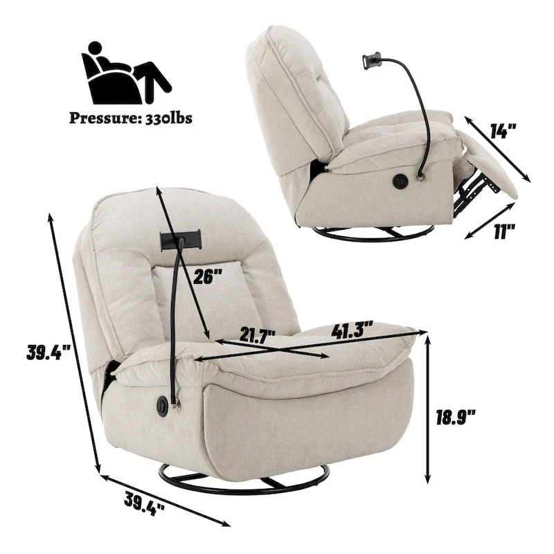 Fauteuil inclinable en chenille pivotant à 360° avec support de téléphone réglable
