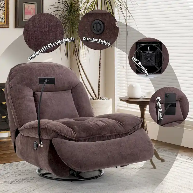 Fauteuil inclinable en chenille pivotant à 360° avec support de téléphone réglable