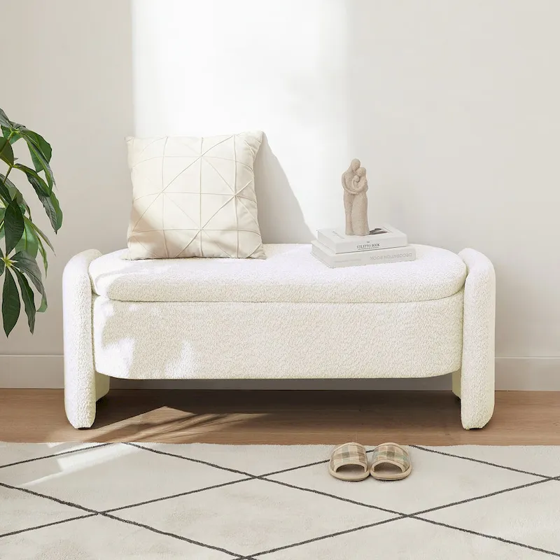 Banc coffre de rangement ovale en tissu polaire d'agneau 3D