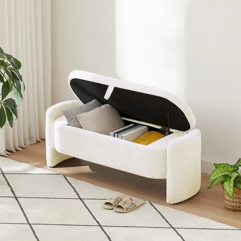 Banc coffre de rangement ovale en tissu polaire d'agneau 3D