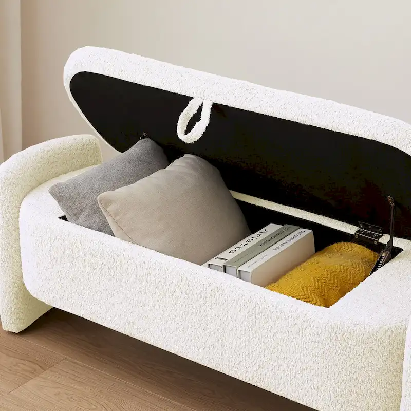 Banc coffre de rangement ovale en tissu polaire d'agneau 3D