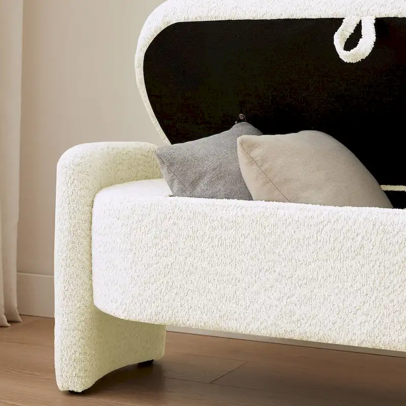 Banc coffre de rangement ovale en tissu polaire d'agneau 3D