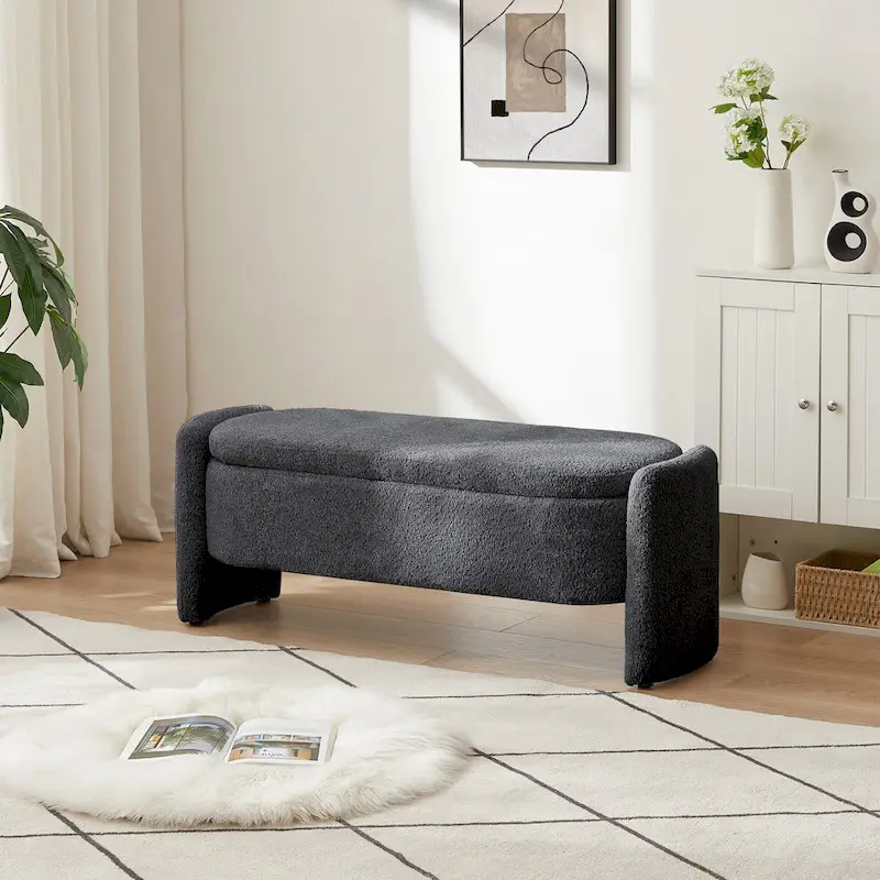 Banc coffre de rangement ovale en tissu polaire d'agneau 3D