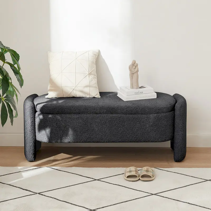 Banc coffre de rangement ovale en tissu polaire d'agneau 3D
